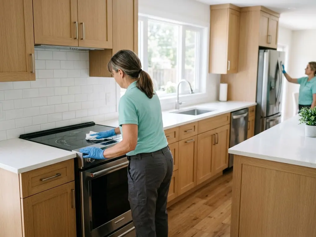 Cleaner polishing a glass cooktop in a bright kitchen, second cleaner wiping the fridge